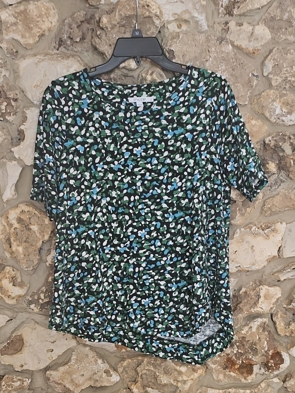 Chico's Black Short-Sleeve Top with Green, Blue & White Floral  High/low hem